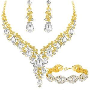 🆕Women Silver Crystal Jewelry Statement Choker Necklace Earrings Bracelets Set